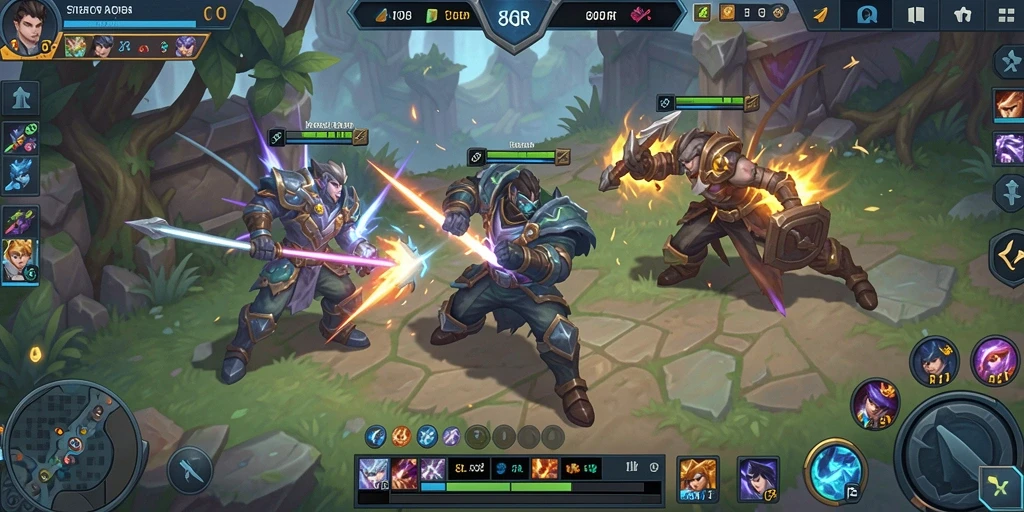 Tampilan aksi seru dalam gameplay MOBA 8QR.