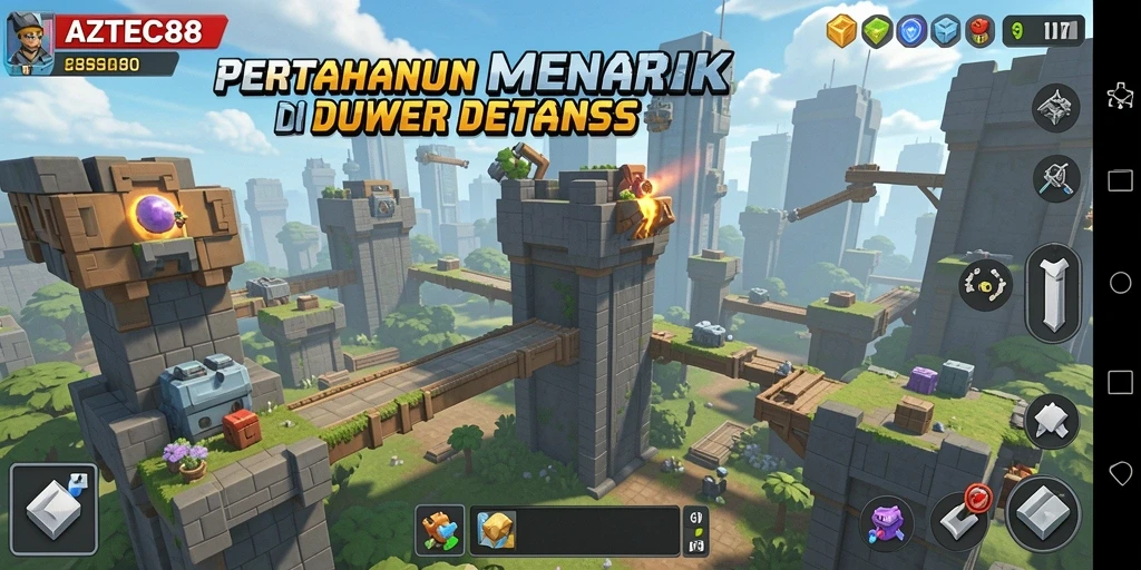 Screenshot utama dari gameplay AZTEC88 menampilkan pertahanan menara melawan serangan musuh.