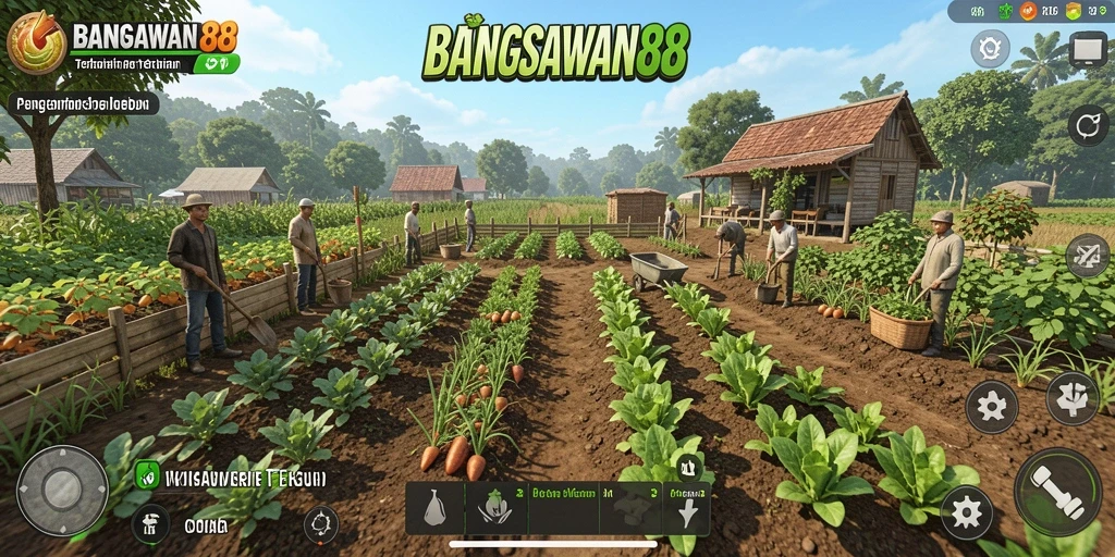 Screenshot gameplay BANGSAWAN88 menampilkan lahan pertanian yang rimbun dan ramai.