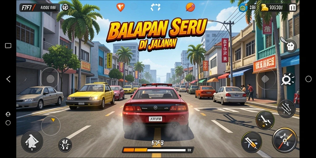 Tampilan seru gameplay F7F7 dengan aksi balap yang mendebarkan.