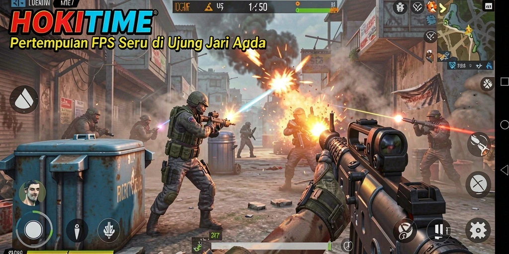 Screenshot utama HOKITIME menunjukkan aksi pertempuran FPS yang mendebarkan.