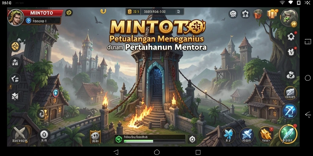 Tangkapan layar gameplay MINTOTO menampilkan menara pertahanan dan musuh yang menyerang.