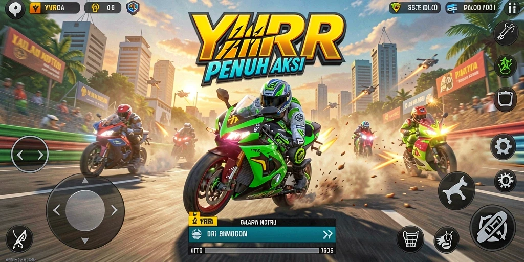 Tangkapan layar YYRR menampilkan aksi balapan motor yang mendebarkan.